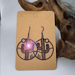 Boho Cactus Earrings Iridescent Metal Hook with Backs